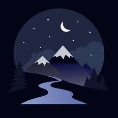 Fototapeta premium Serene mountain landscape under a crescent moon and stars silhouette
