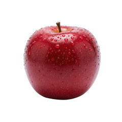 A single glistening red apple covered in water droplets against a stark black background highlighting its vibrant color and fresh texture