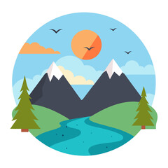 Stylized mountain landscape with river and sun silhouette
