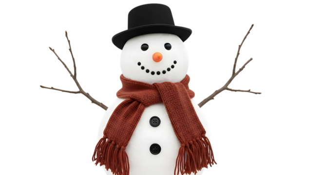A friendly snowman wearing a black top hat and a red scarf, isolated on transparent background