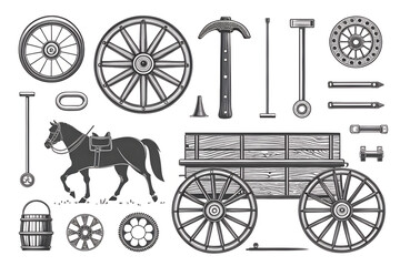Fototapeta premium An engraved vector set of a vintage horse, wooden wagon, and construction parts. A collection of wheels, tools, and axles for historical western designs. Generative Ai.