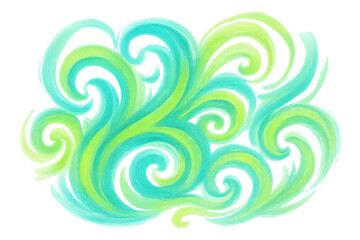 Fototapeta premium Swirling watercolor pattern creating abstract decorative waves in turquoise and green, flowing energy on transparent background