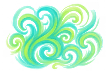 Swirling watercolor pattern creating abstract decorative waves in turquoise and green, flowing energy on transparent background