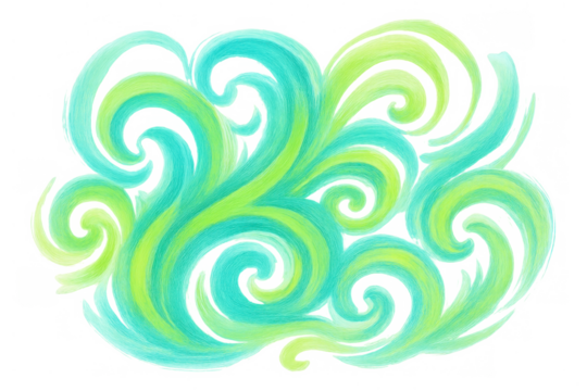 Swirling watercolor pattern creating abstract decorative waves in turquoise and green, flowing energy on transparent background