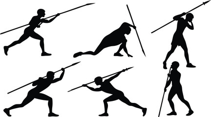 Fototapeta premium Prehistoric hunter silhouette icon collection. Includes spear, hunting, primitive, ancient, man, running, throwing, and crouching symbols. Created in solid black style with white background