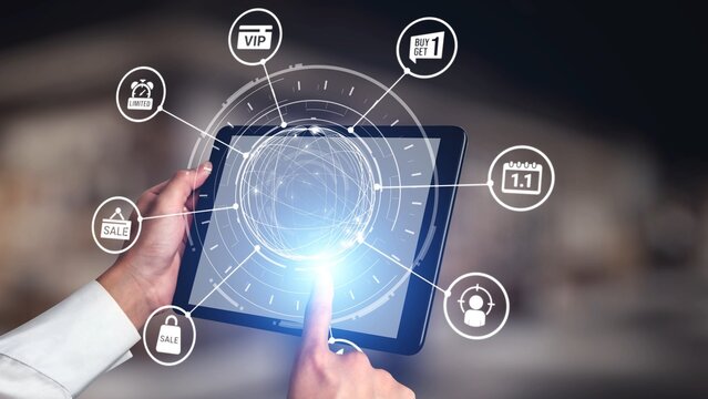 Sale and promotion icons with hot deal, discount tag, shopping bag, limited offer, coupon, VIP card, buy one get one, online shopping, and special event sale. Gist