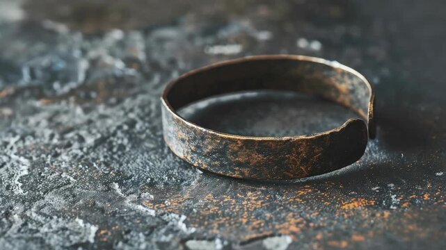 Rustic, patina metal bracelet on textured surface