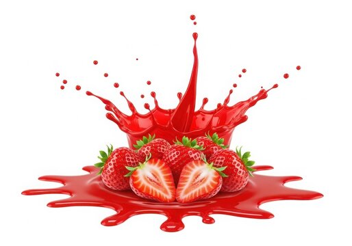 Juicy strawberries exploding in a splash of red liquid
