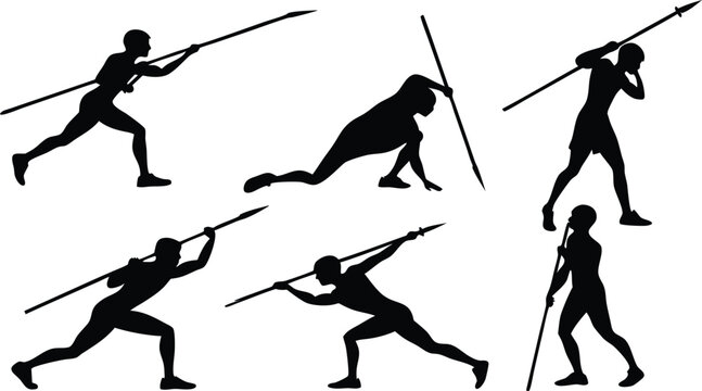 Dynamic silhouette of an ancient warrior tribe poised to strike with spears, evoking strength and agility in historical action