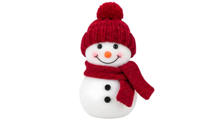 A single adorable snowman with a red knitted hat and scarf, smiling cheerfully isolated on transparent background