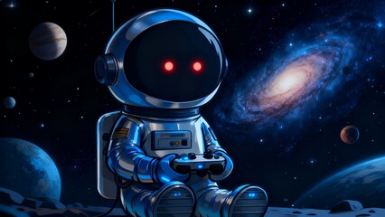Cosmic Voyager: Robot Astronaut Gaming in Starlit Galaxy