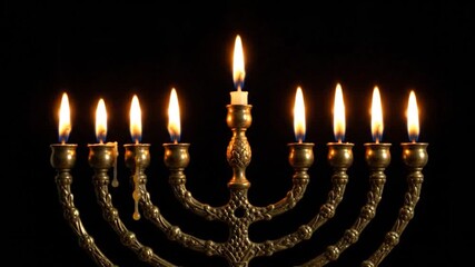 A golden menorah with lit candles stands against a dark backdrop, creating a warm, spiritual glow - Powered by Adobe
