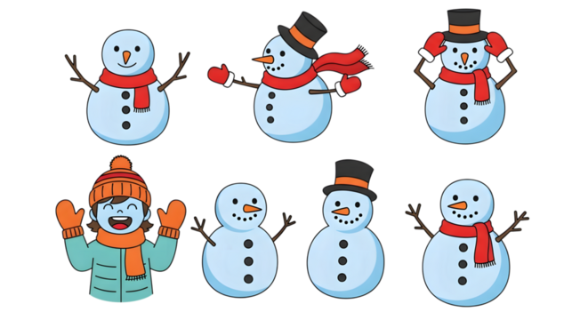 A cheerful collection of cartoon snowmen and a happy child in winter clothing, showcasing various poses and expressions for holiday fun and design isolated on transparent background