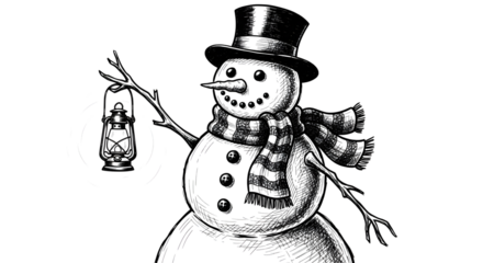 A detailed black and white sketch of a snowman with a scarf, top hat, and lantern, isolated on transparent background