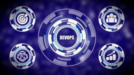 Dev Ops concept with icons for goals teamwork business growth and partnership on a blue background devops