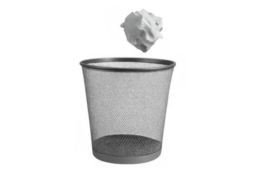 Crumpled paper ball falling into a metal mesh wastebasket, representing discarded ideas, failure, or ending a project, transparent background