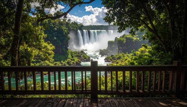 A breathtaking landscape view of a powerful waterfall cascading over rocky cliffs, surrounded by lush green foliage and a clear blue sky - Powered by Adobe