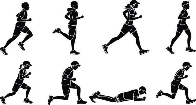 Dynamic silhouettes of diverse runners in motion, perfect for fitness, athletics, and healthy lifestyle campaigns promoting wellness - Powered by Adobe