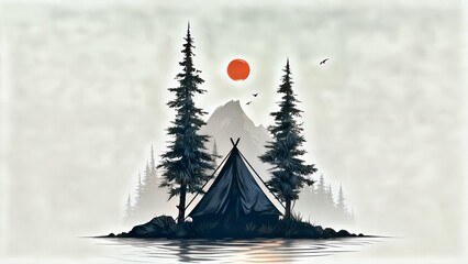 Misty Wilderness Camp: Red Sun, Pine Trees & Mountain Serenity