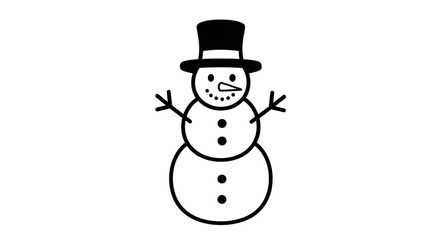 Simple black and white line drawing of a snowman wearing a top hat and scarf, isolated on transparent background