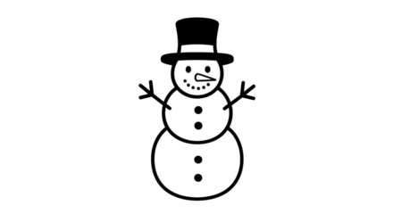 Simple black and white line drawing of a snowman wearing a top hat and scarf, isolated on transparent background