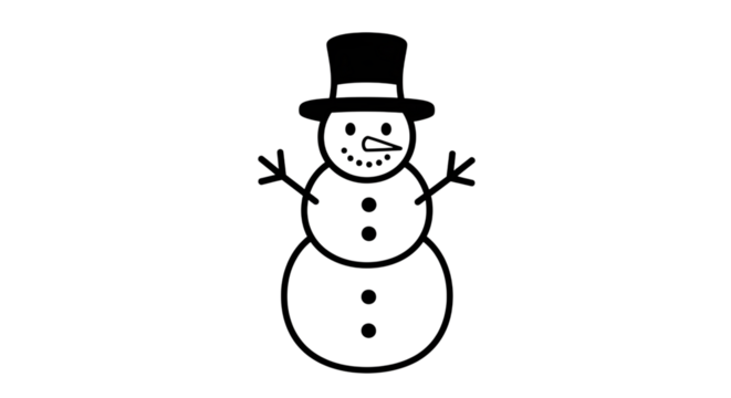 Simple black and white line drawing of a snowman wearing a top hat and scarf, isolated on transparent background