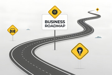 Business roadmap concept showing a winding road with milestone signs for ideas and processes. An infographic for strategic planning, growth, and future direction.
 Generative Ai.