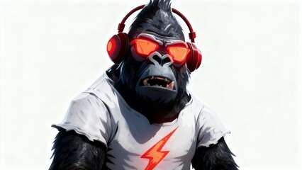 Neon Beats Ape: Cyber Gorilla with Red Headphones and Sunglasses