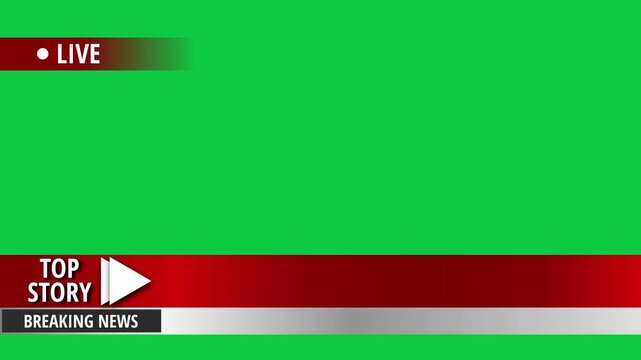 Animated live news or breaking news overlay template featuring blinking live circle indicator, lower third titles, and dynamic breaking news bars with smooth motion on chroma green screen.