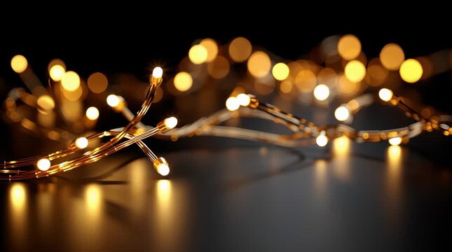 Warm glowing fairy light string bulb creates cozy festive decoration with soft reflections and twinkling bokeh effect dark surface perfect