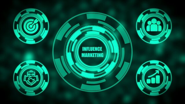 Glowing Teal Digital Hub with Influence Marketing and Four Business Icons on Dark Background digital marketing