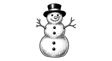 A handdrawn illustration of a snowman wearing a top hat and stick arms, isolated on transparent background