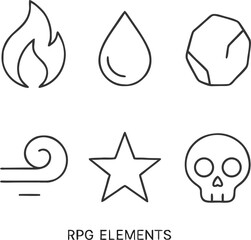 Fantasy RPG elements for game design fire water earth wind star death magic icons for adventure games and mystical storytelling