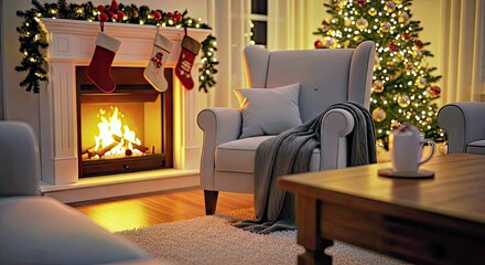Fototapeta premium Cozy Living Room Christmas Fireplace Hot Cocoa Window Nativity Holiday Tradition