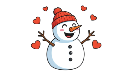 A cute cartoon snowman with a red hat and carrot nose, surrounded by hearts, isolated on transparent background