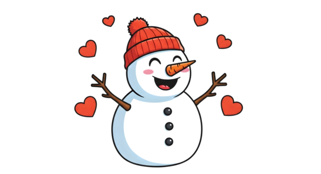 A cute cartoon snowman with a red hat and carrot nose, surrounded by hearts, isolated on transparent background