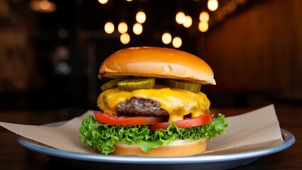 Delicious Cheeseburger on Plate with Lettuce Tomato and Pickles at Restaurant Presentation and Bokeh Lights in Background Gourmet Burger and American Classic Diner Meal