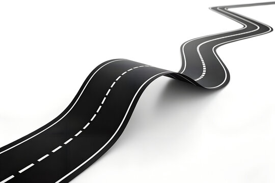 A 3D, undulating road with a dashed white line rises and falls like a ribbon on a white background, symbolizing life's journey, challenges, and the path forward.
 Generative Ai.