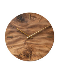 Round wood clock with gold hands on a dark background