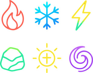 Vibrant essential icon collection with fire, ice, lightning, earth, sun, and wind elements for modern design projects