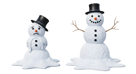 A melting snowman looking sad next to a perfectly formed snowman wearing a black top hat, isolated on transparent background