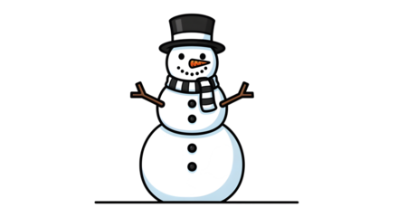 A classic cartoon snowman with a black top hat and striped scarf, standing on a transparent background