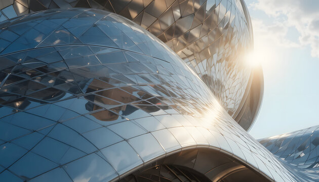 Stunning futuristic architecture reflecting sunlight, a modern building with elegant curves and geometric patterns creating a dynamic and professional aesthetic