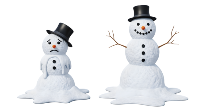 A melting snowman looking sad next to a perfectly formed snowman wearing a black top hat, isolated on transparent background