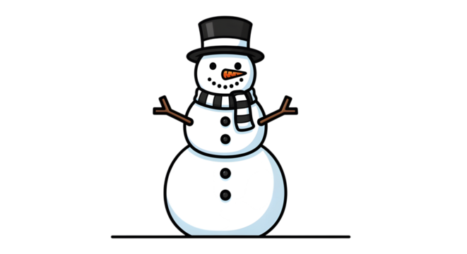 A classic cartoon snowman with a black top hat and striped scarf, standing on a transparent background