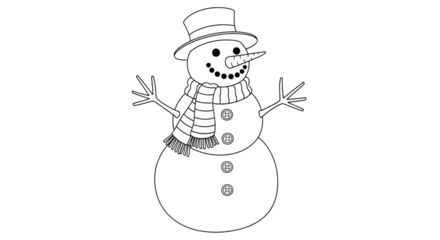 Black and white line drawing of a snowman wearing a top hat and scarf, with outstretched arms, isolated on transparent background