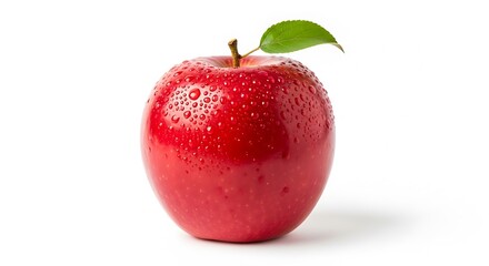Fresh Red Apple with Water Droplets and Leaf.