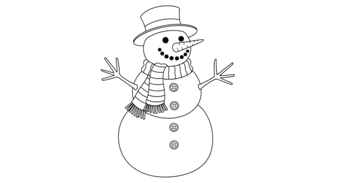 Black and white line drawing of a snowman wearing a top hat and scarf, with outstretched arms, isolated on transparent background