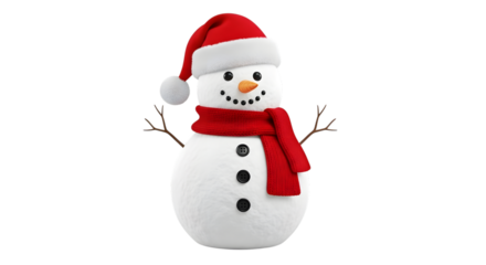 A festive snowman with a red santa hat and scarf, isolated on transparent background