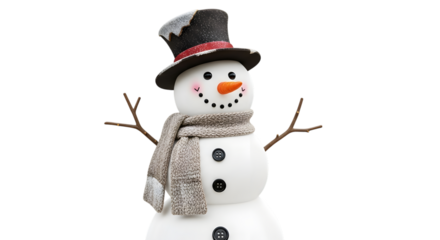 A distinguished snowman in a black top hat and patterned scarf, isolated on transparent background